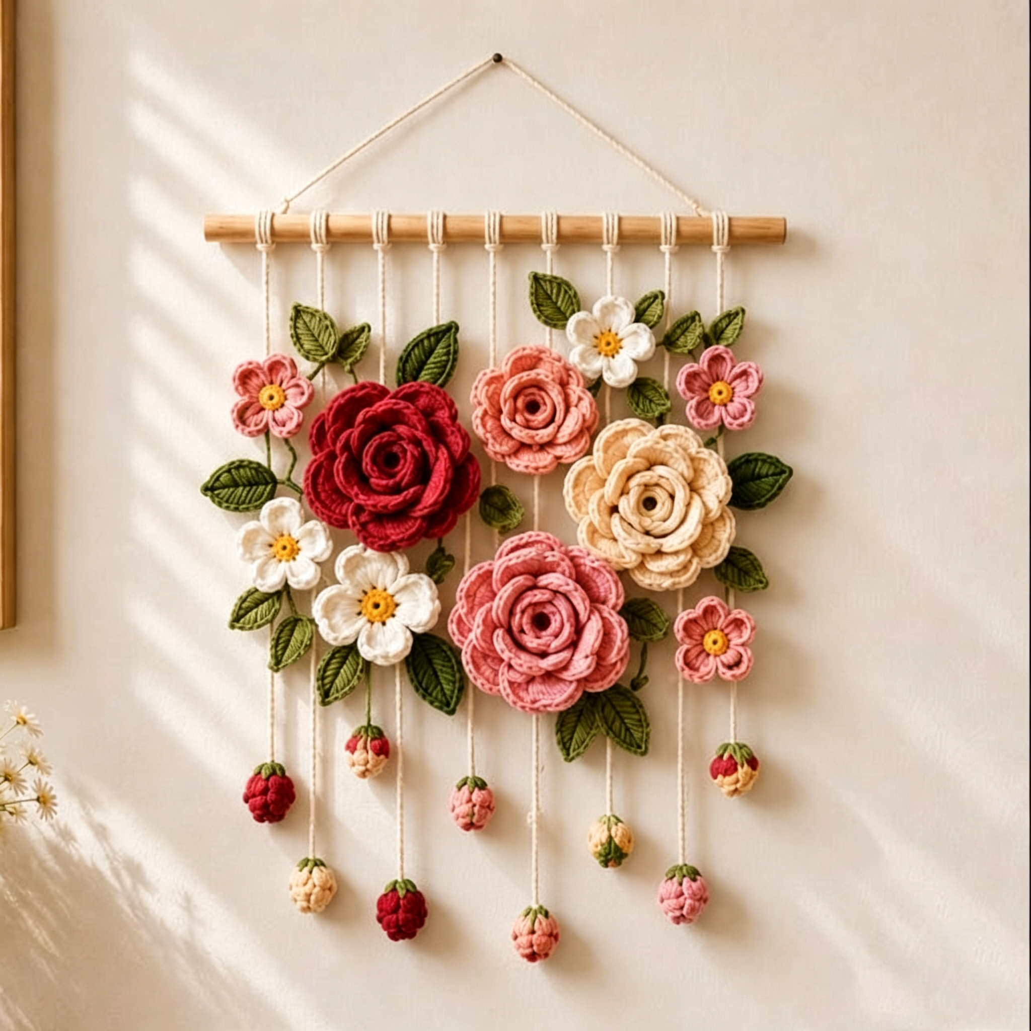 Gehäkelter Blumen-Wandbehang Lavendel Gänseblümchen Sonnenblume Tulpe Kirschblüte Rose