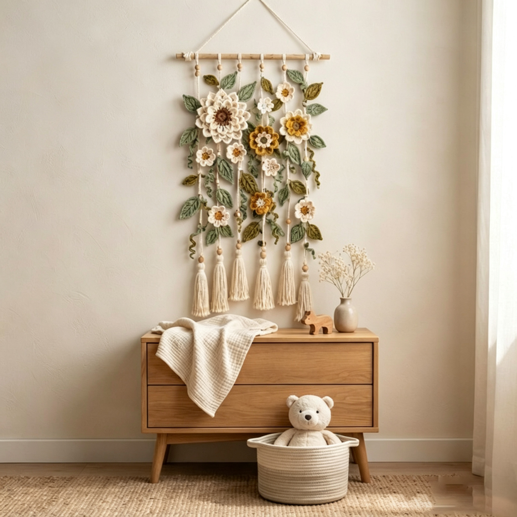 Gehäkelter Blumen-Wandbehang, florale Wanddekoration im Bohème-Stil, gehäkelte Pflanzen-Wohndekoration