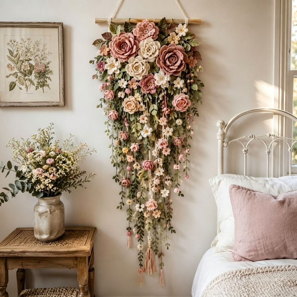 Gehäkelter Blumenwandbehang, Rosenwasserfall, Blumenranke