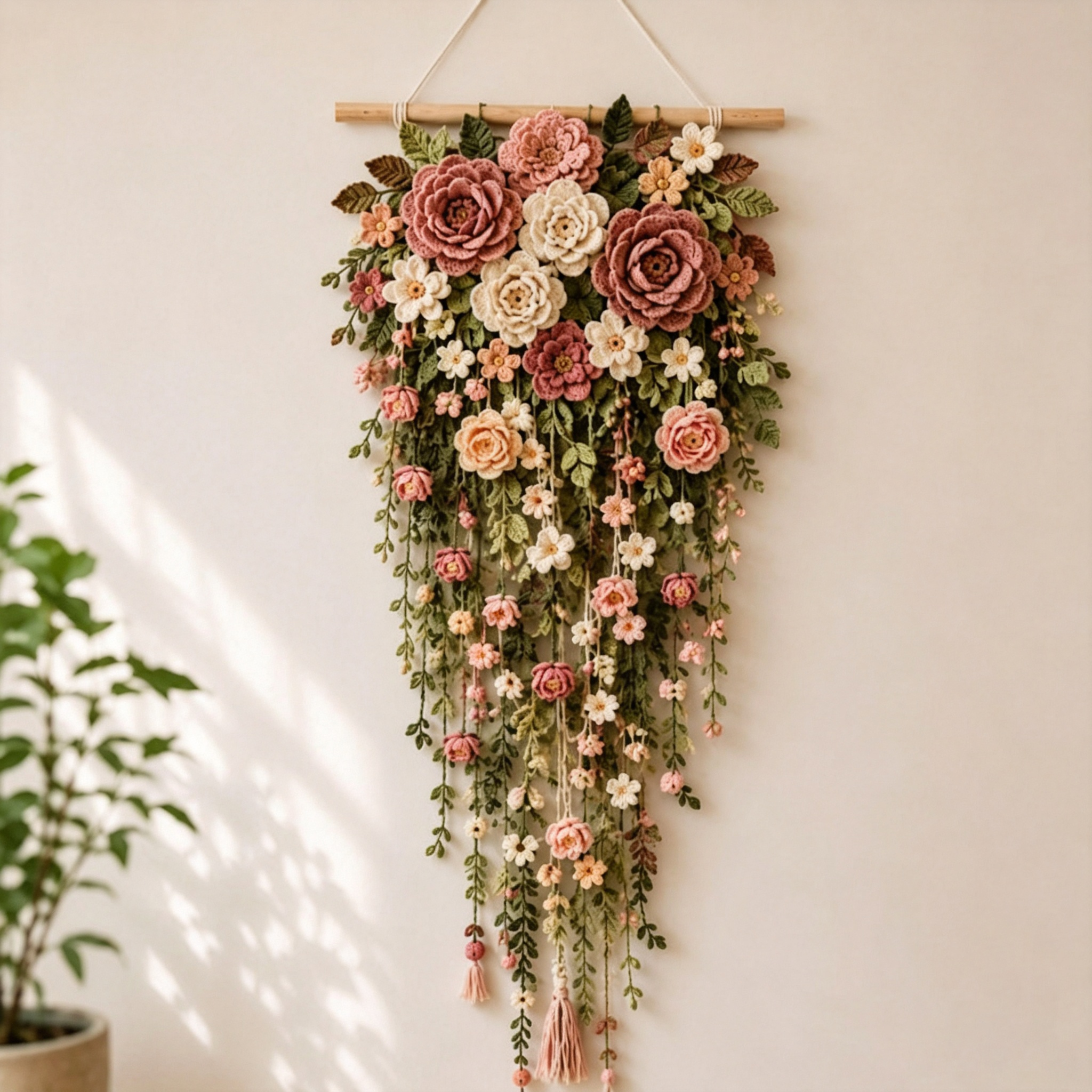 Gehäkelter Blumenwandbehang, Rosenwasserfall, Blumenranke