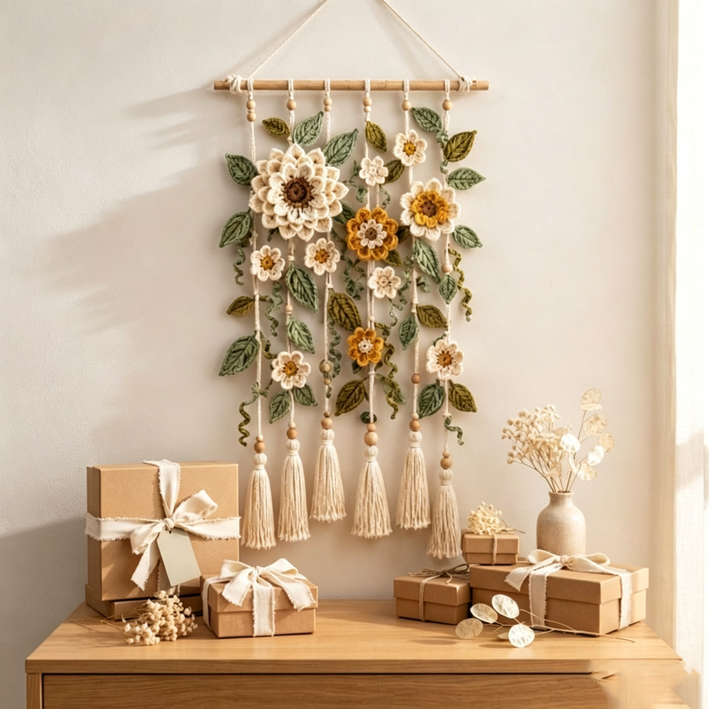 Gehäkelter Blumen-Wandbehang, florale Wanddekoration im Bohème-Stil, gehäkelte Pflanzen-Wohndekoration