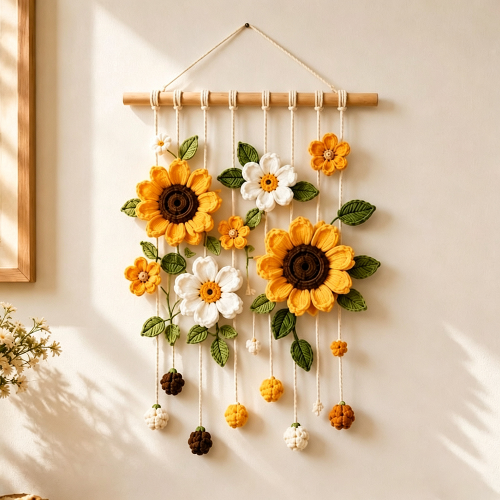 Gehäkelter Blumen-Wandbehang Lavendel Gänseblümchen Sonnenblume Tulpe Kirschblüte Rose
