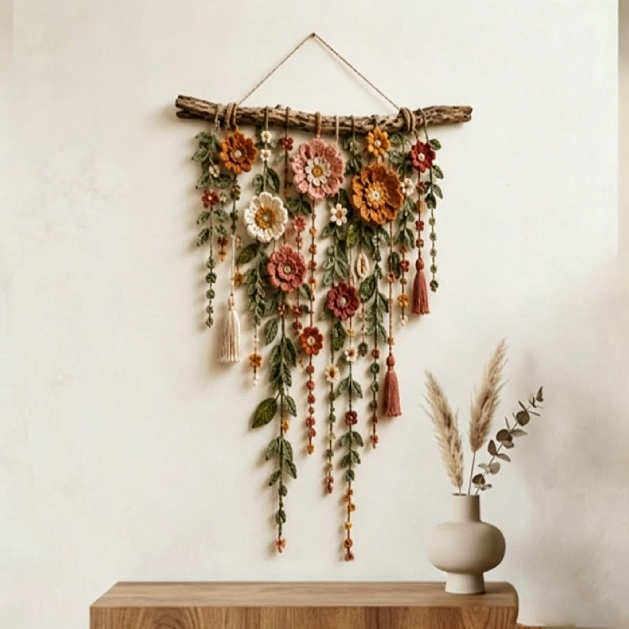 Gehäkelter Blumenwandbehang, floraler Kranz im Bohème-Stil