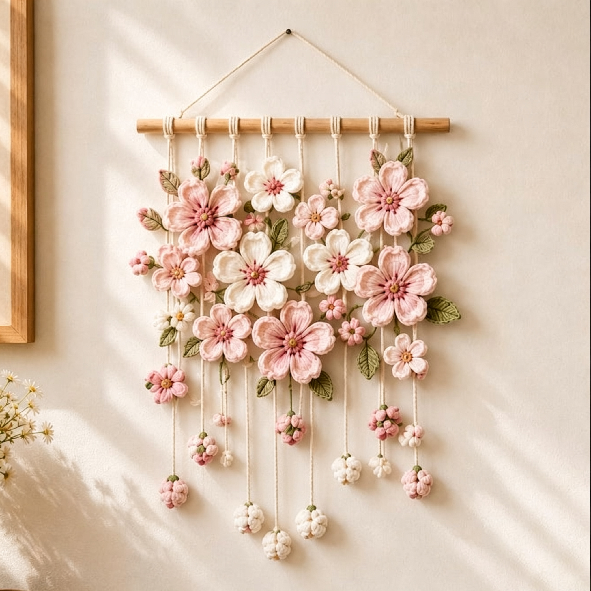 Gehäkelter Blumen-Wandbehang Lavendel Gänseblümchen Sonnenblume Tulpe Kirschblüte Rose