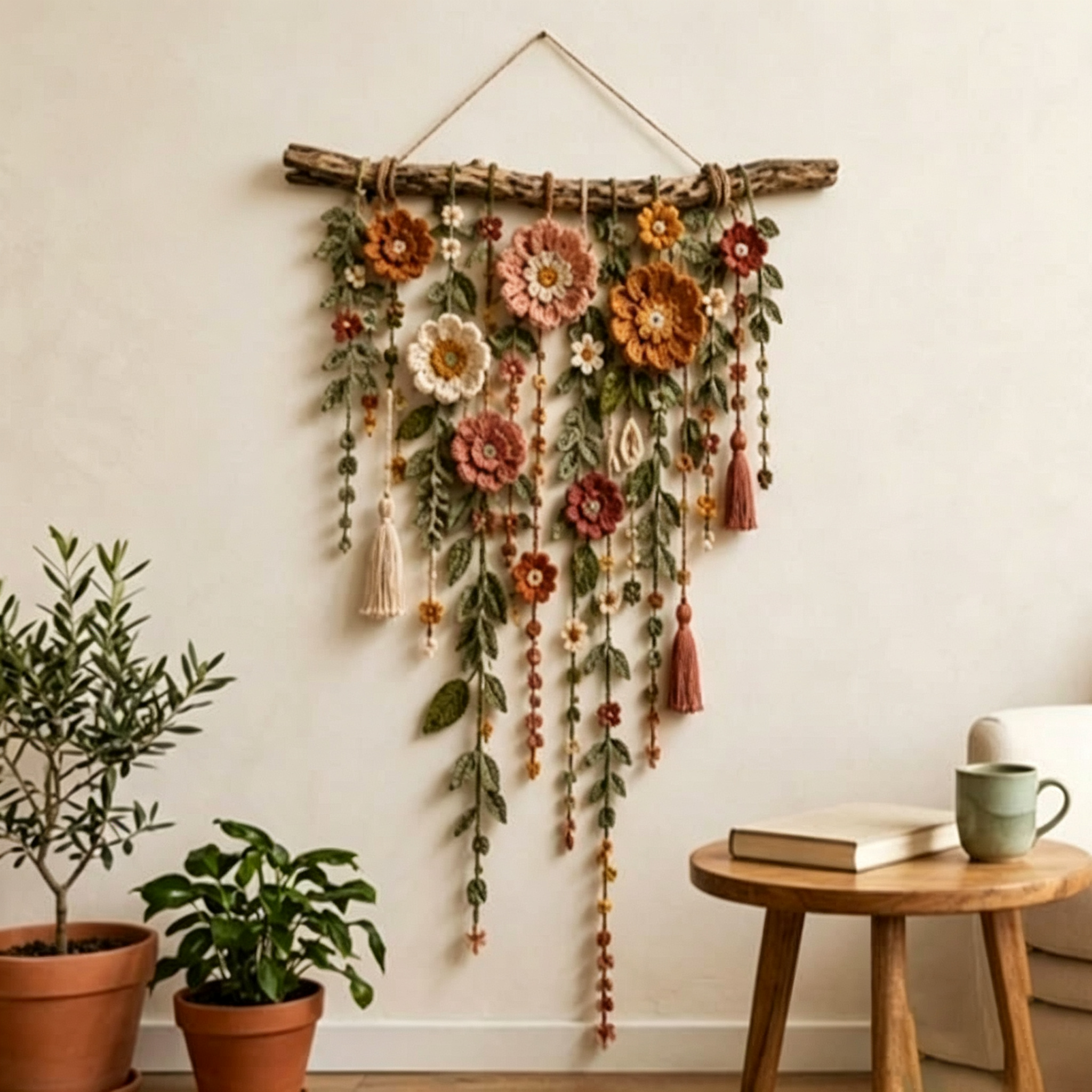 Gehäkelter Blumenwandbehang, floraler Kranz im Bohème-Stil