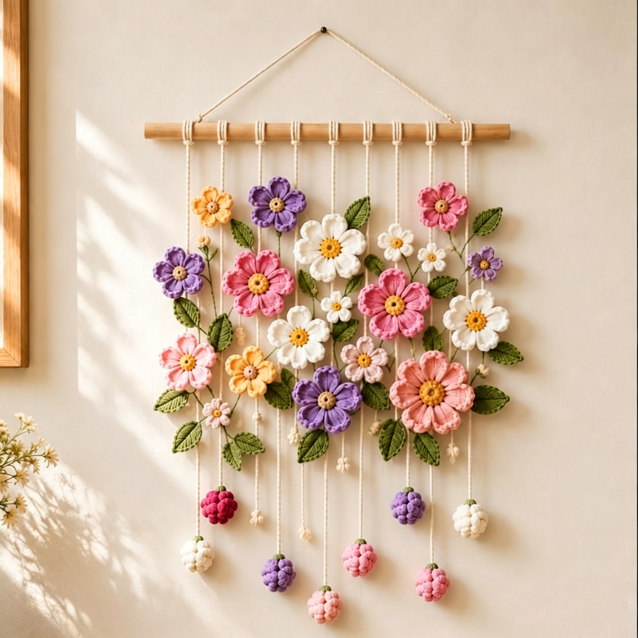 Gehäkelter Blumen-Wandbehang Lavendel Gänseblümchen Sonnenblume Tulpe Kirschblüte Rose