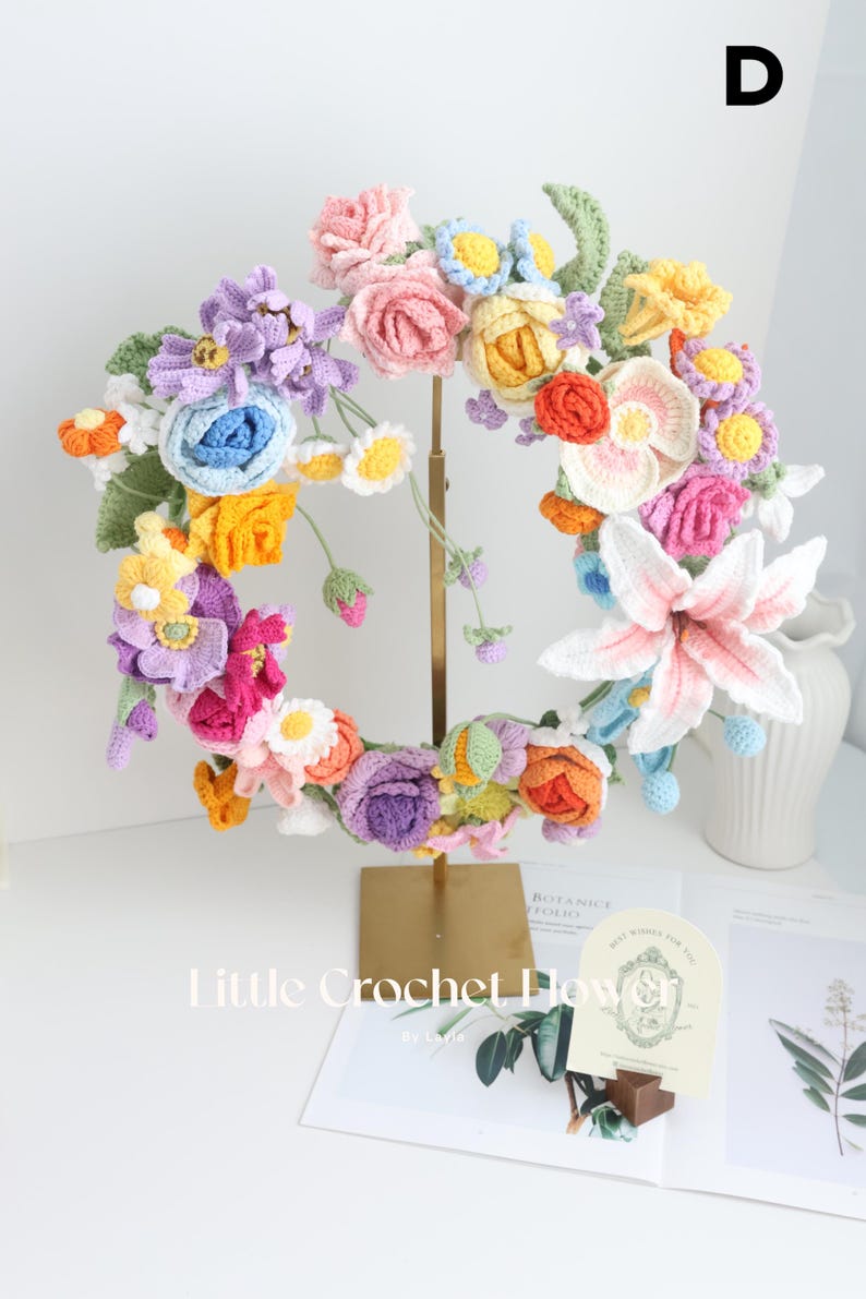 Gehäkelter Frühlingsblumenkranz als Tür- und Wanddekoration, handgefertigt, 16-17 Zoll