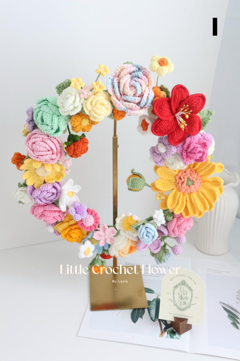 Gehäkelter Frühlingsblumenkranz als Tür- und Wanddekoration, handgefertigt, 16-17 Zoll