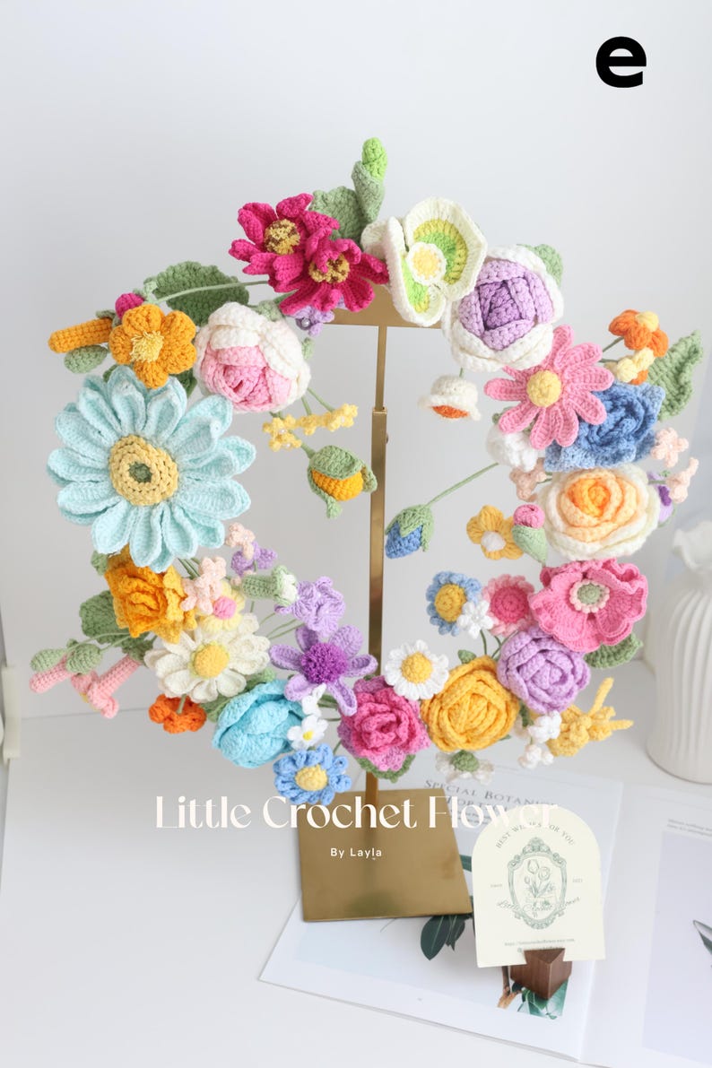 Gehäkelter Frühlingsblumenkranz als Tür- und Wanddekoration, handgefertigt, 16-17 Zoll