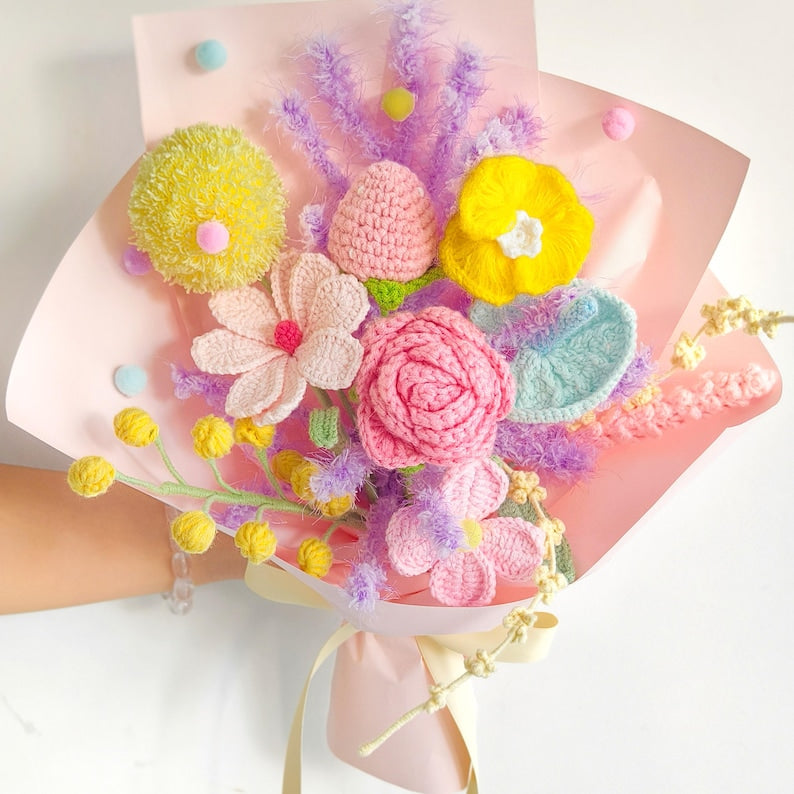 Gehäkelter Blumenstrauß - Handgefertigt mit Eisendrahtstielen - Wählbar in Pink, Gelb, Lila, Blau oder Regenbogenmix
