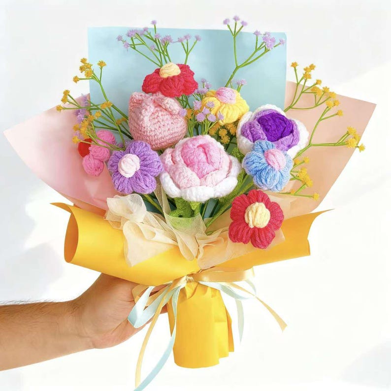 Gehäkelter Blumenstrauß - Handgefertigt mit Eisendrahtstielen - Wählbar in Pink, Gelb, Lila, Blau oder Regenbogenmix