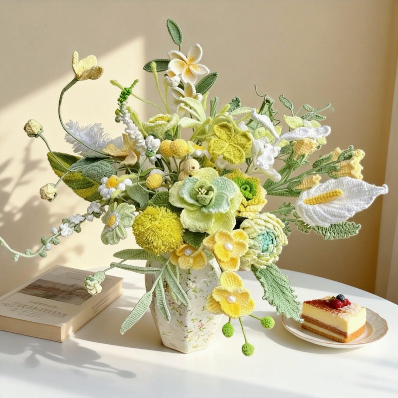 Gehäkelter Sonnenblumen- und Rosenstrauß