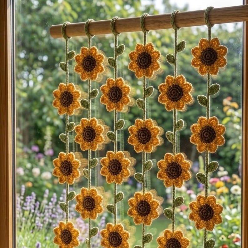 Gehäkelte Sonnenblumen-Gardine, Boho-Blumen-Wandbehang, 6 Stränge mit je 5 Blumen, Fensterdeko für Schlafzimmer