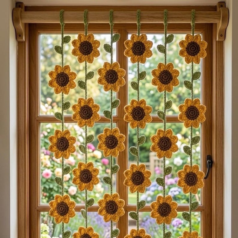 Gehäkelte Sonnenblumen-Gardine, Boho-Blumen-Wandbehang, 6 Stränge mit je 5 Blumen, Fensterdeko für Schlafzimmer