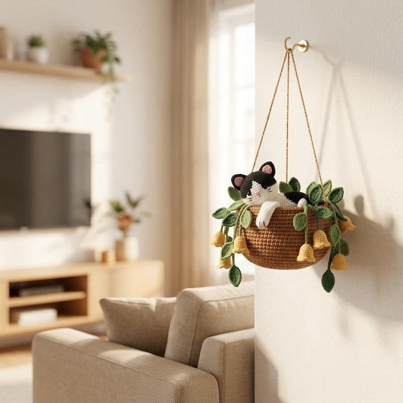 Gehäkelte Katze Blumenampel Amigurumi Kitty Blumentopfdekor Autospiegelanhänger