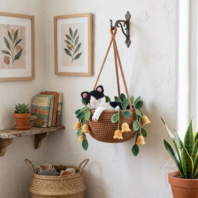 Gehäkelte Katze Blumenampel Amigurumi Kitty Blumentopfdekor Autospiegelanhänger