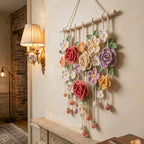 Handgefertigte Häkelblume Wandbehang, Boho Blumengirlande, 40x60 cm, Mehrfarbig