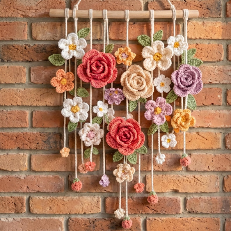 Handgefertigte Häkelblume Wandbehang, Boho Blumengirlande, 40x60 cm, Mehrfarbig