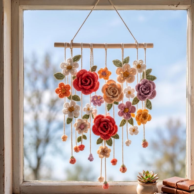 Handgefertigte Häkelblume Wandbehang, Boho Blumengirlande, 40x60 cm, Mehrfarbig