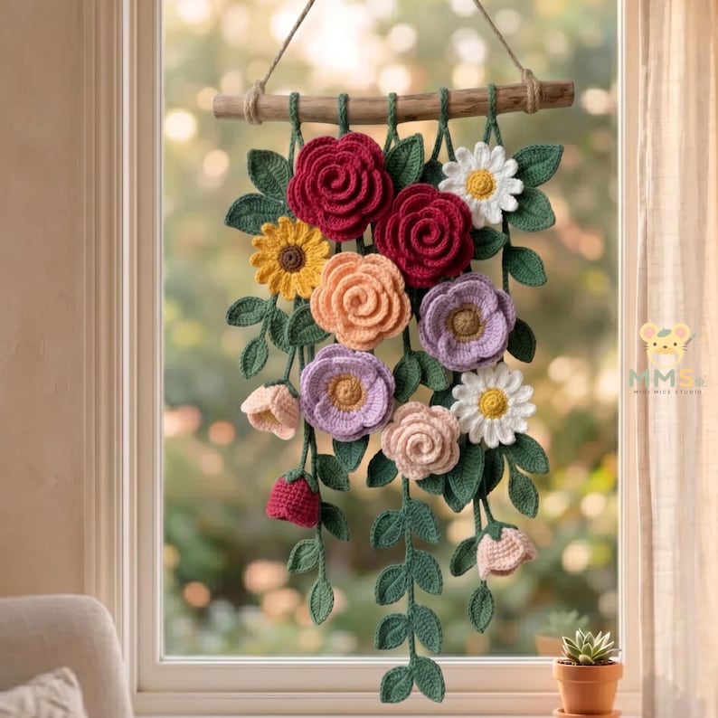 Gehäkelte Blumen Wandbehang, Baumwollgarn Blumenwandkunst, Boho Wanddeko, 60x30 cm