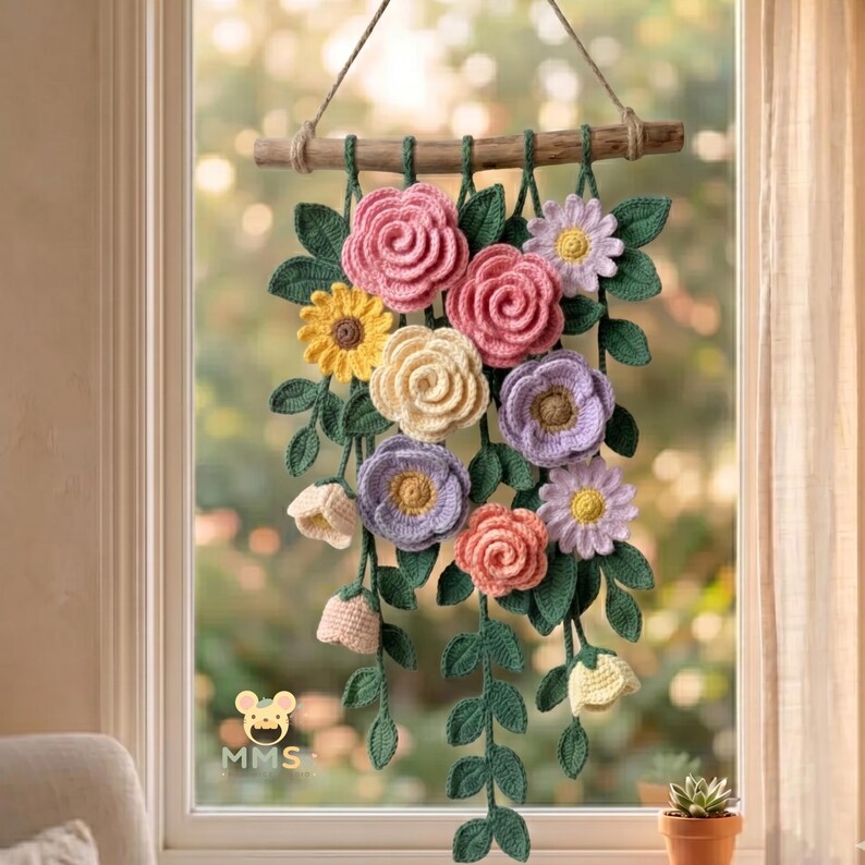 Gehäkelte Blumen Wandbehang, Baumwollgarn Blumenwandkunst, Boho Wanddeko, 60x30 cm
