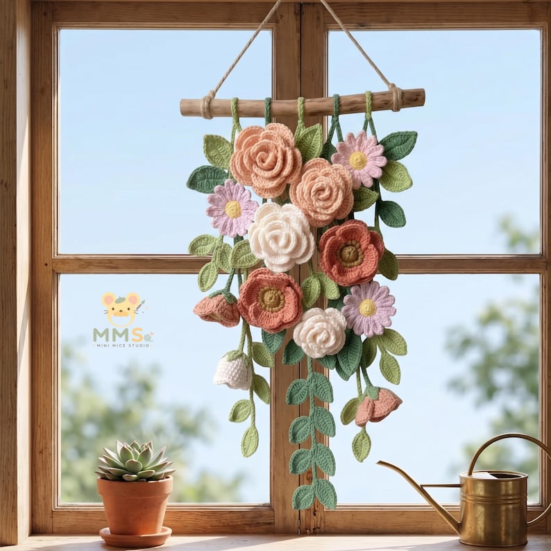 Gehäkelte Blumen Wandbehang, Baumwollgarn Blumenwandkunst, Boho Wanddeko, 60x30 cm