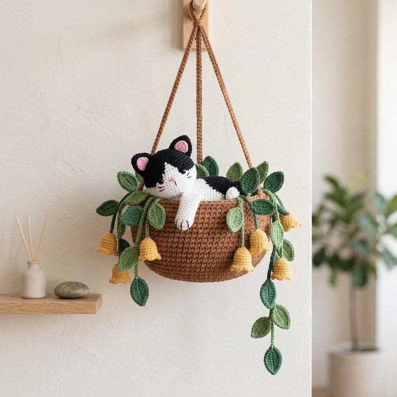 Gehäkelte Katze Blumenampel Amigurumi Kitty Blumentopfdekor Autospiegelanhänger