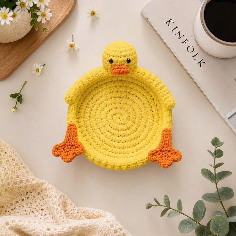 Gehäkelter Enten Untersetzer & Schmucktablett – Amigurumi Enten-Gericht für Kaffee, Tee, Schreibtisch-Organizer