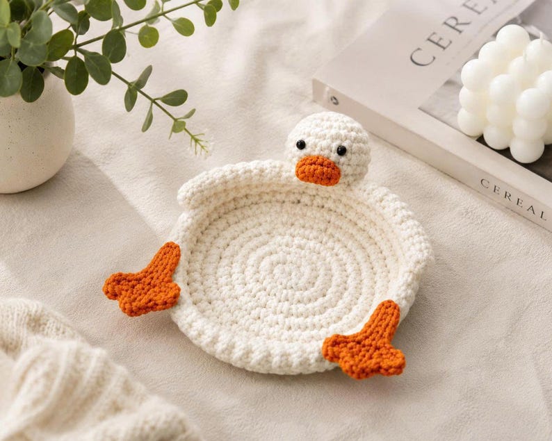 Gehäkelter Enten Untersetzer & Schmucktablett – Amigurumi Enten-Gericht für Kaffee, Tee, Schreibtisch-Organizer