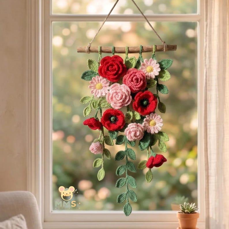 Gehäkelte Blumen Wandbehang, Baumwollgarn Blumenwandkunst, Boho Wanddeko, 60x30 cm