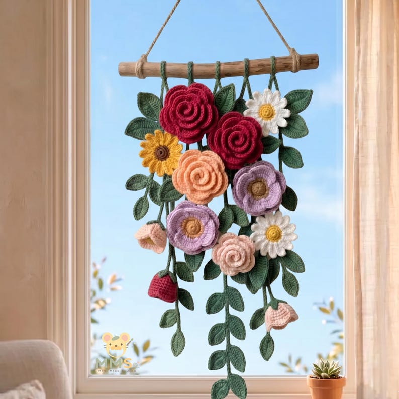 Gehäkelte Blumen Wandbehang, Baumwollgarn Blumenwandkunst, Boho Wanddeko, 60x30 cm