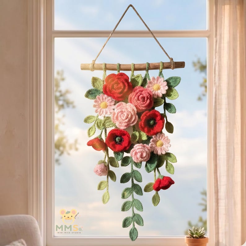 Gehäkelte Blumen Wandbehang, Baumwollgarn Blumenwandkunst, Boho Wanddeko, 60x30 cm