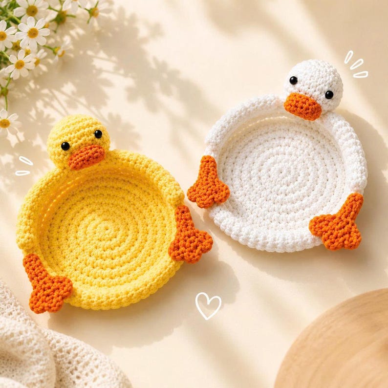 Gehäkelter Enten Untersetzer & Schmucktablett – Amigurumi Enten-Gericht für Kaffee, Tee, Schreibtisch-Organizer