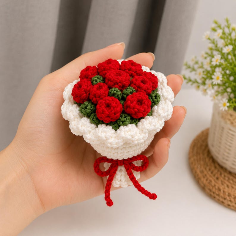 Gehäkelter Blumenstrauß Schlüsselanhänger – Handgefertigter Taschenanhänger, 8 cm, 8 Stile