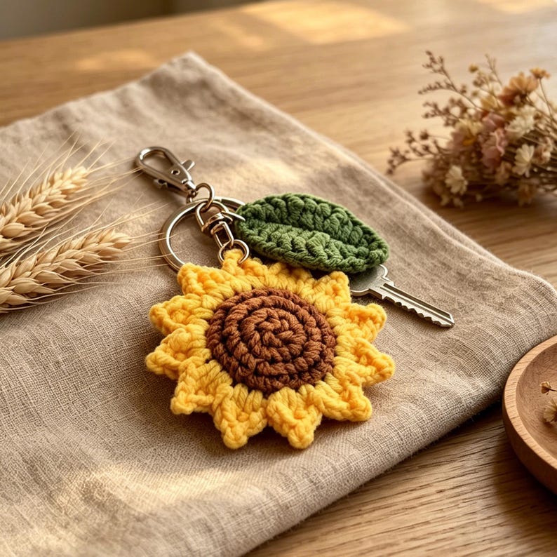 Gehäkelter Sonnenblumen-Schlüsselanhänger aus Baumwolle, Cottagecore Taschenanhänger