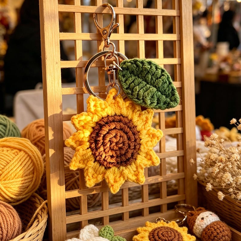 Gehäkelter Sonnenblumen-Schlüsselanhänger aus Baumwolle, Cottagecore Taschenanhänger