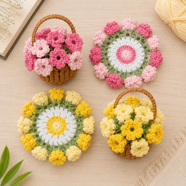 Gehäkelte Blumenuntersetzer, florale Untersetzer, Mini-Blumenkörbchen, Tischdekorationen im Landhausstil