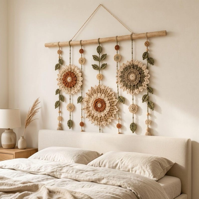 Gehäkelter Wandbehang, florales Mandala im Bohème-Stil mit Pflanzenblättern und Quasten