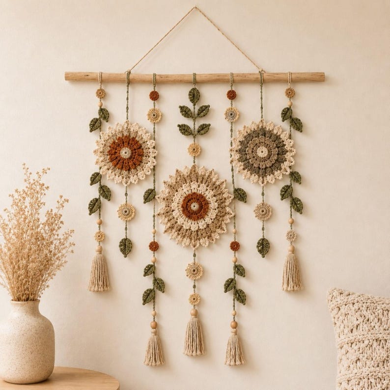 Gehäkelter Wandbehang, florales Mandala im Bohème-Stil mit Pflanzenblättern und Quasten