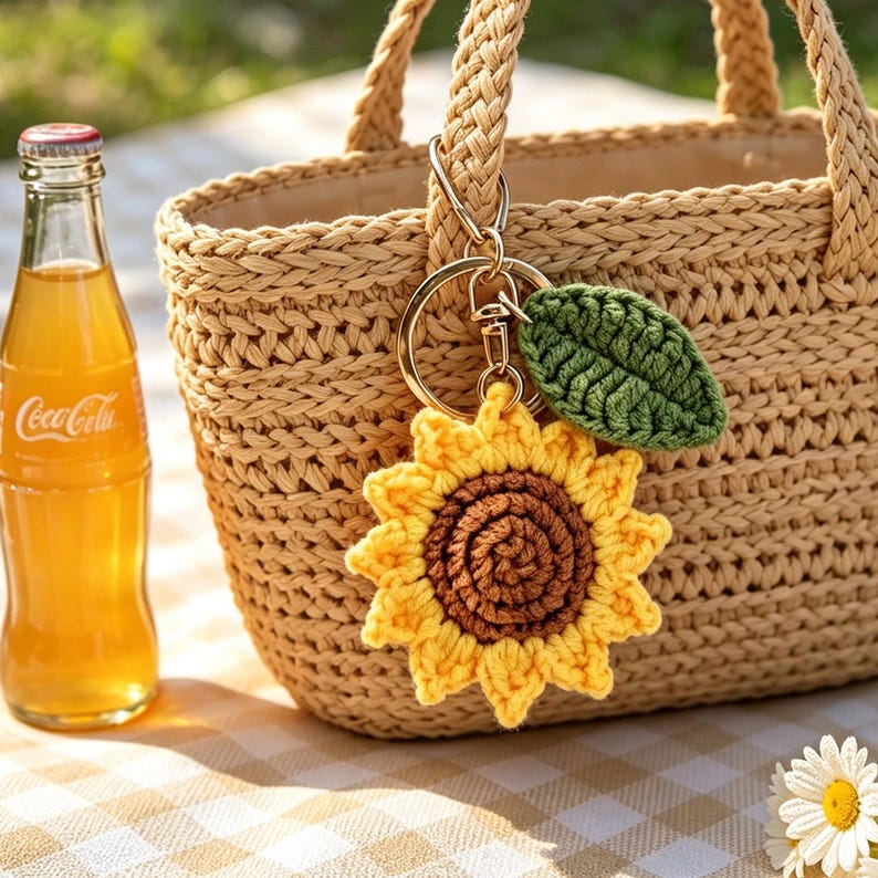 Gehäkelter Sonnenblumen-Schlüsselanhänger aus Baumwolle, Cottagecore Taschenanhänger