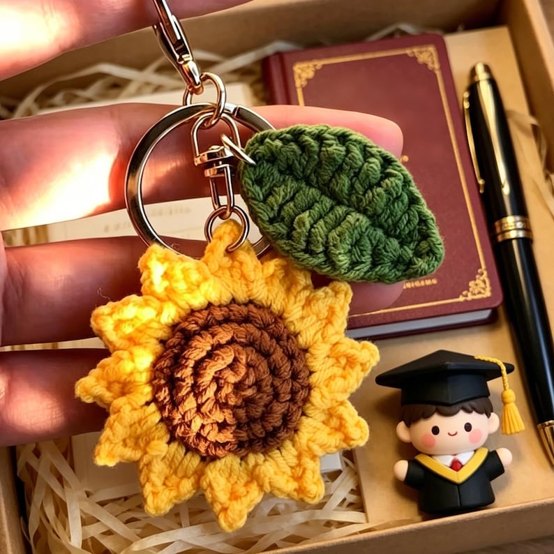 Gehäkelter Sonnenblumen-Schlüsselanhänger aus Baumwolle, Cottagecore Taschenanhänger