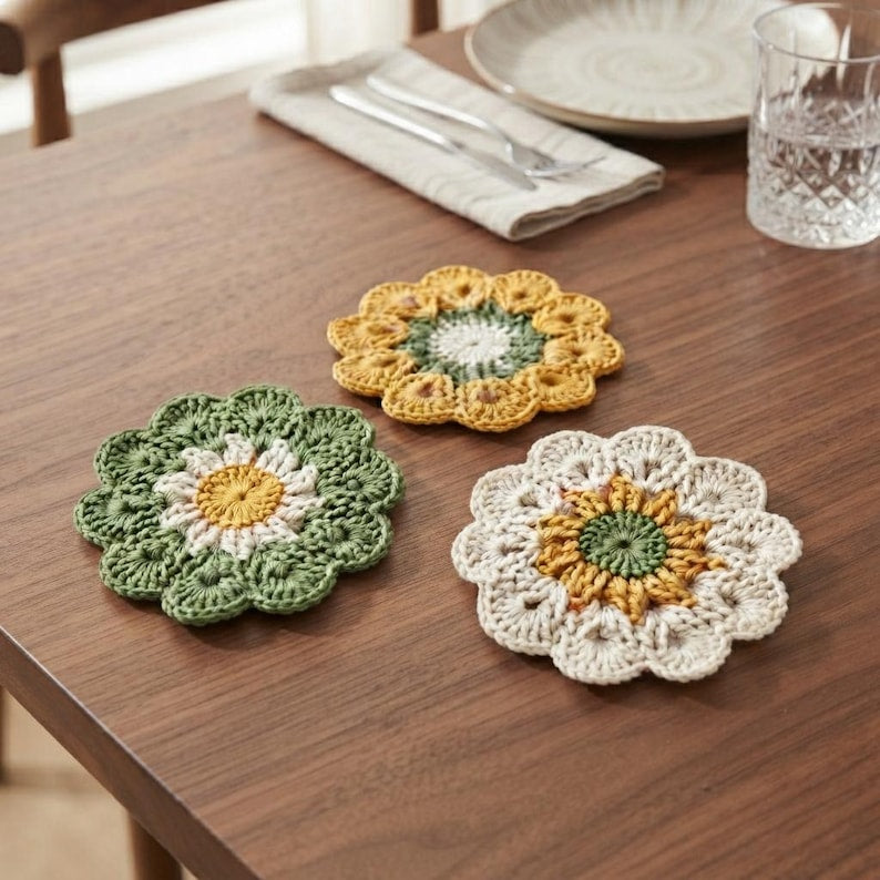 Gehäkelter Blumenuntersetzer aus Baumwolle, Kaffeetassen-Matte, gestrickter Becher-Teppich, Schreibtisch-Dekor