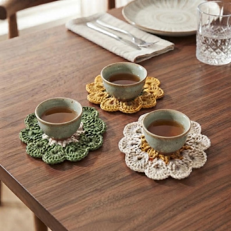 Gehäkelter Blumenuntersetzer aus Baumwolle, Kaffeetassen-Matte, gestrickter Becher-Teppich, Schreibtisch-Dekor