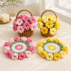 Handgehäkelte Blumenuntersetzer, Mini-Häkelblumenkörbchen und rustikale Schreibtischdekorationen