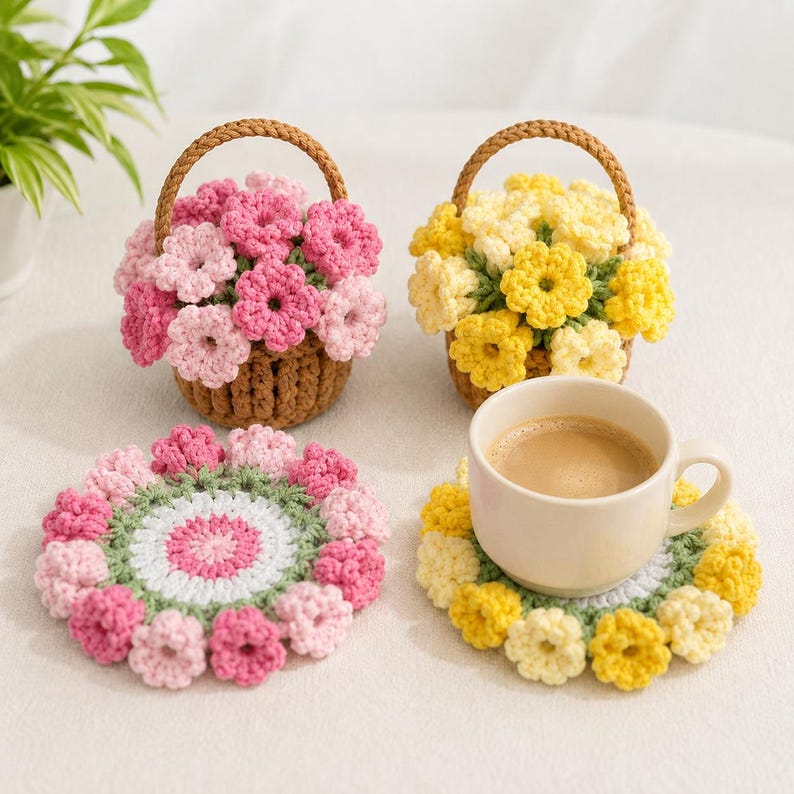 Handgehäkelte Blumenuntersetzer, Mini-Häkelblumenkörbchen und rustikale Schreibtischdekorationen