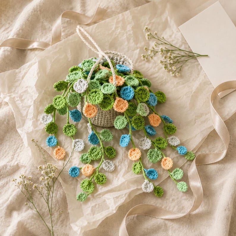 Handmade Crochet Hanging Plant with Cascading Vines, Cream Hanging Cords, Green Blue Peach Color, Decorative Faux Plant for Home Decor