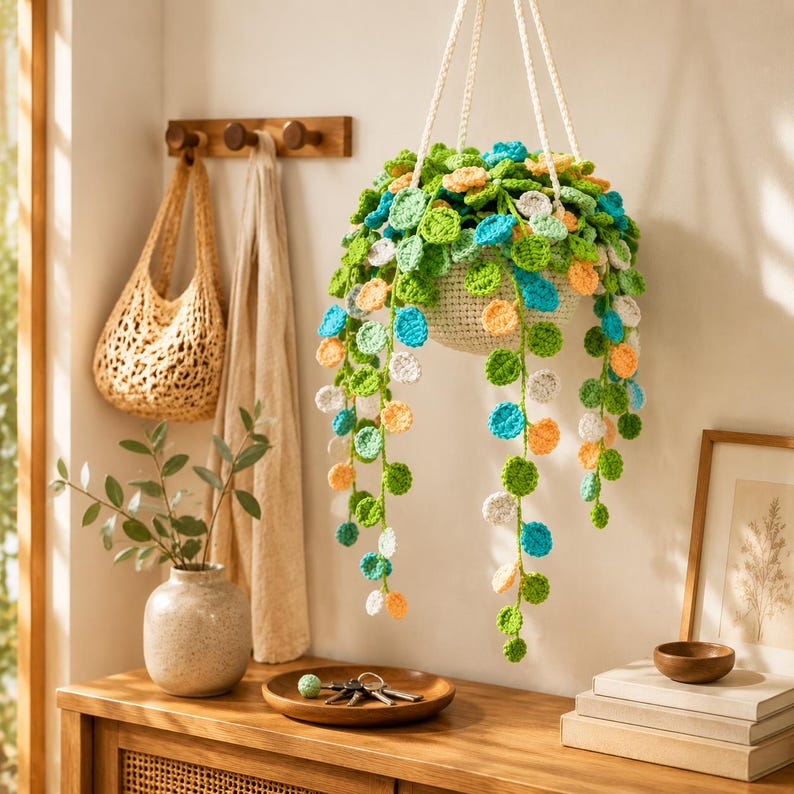 Handmade Crochet Hanging Plant with Cascading Vines, Cream Hanging Cords, Green Blue Peach Color, Decorative Faux Plant for Home Decor