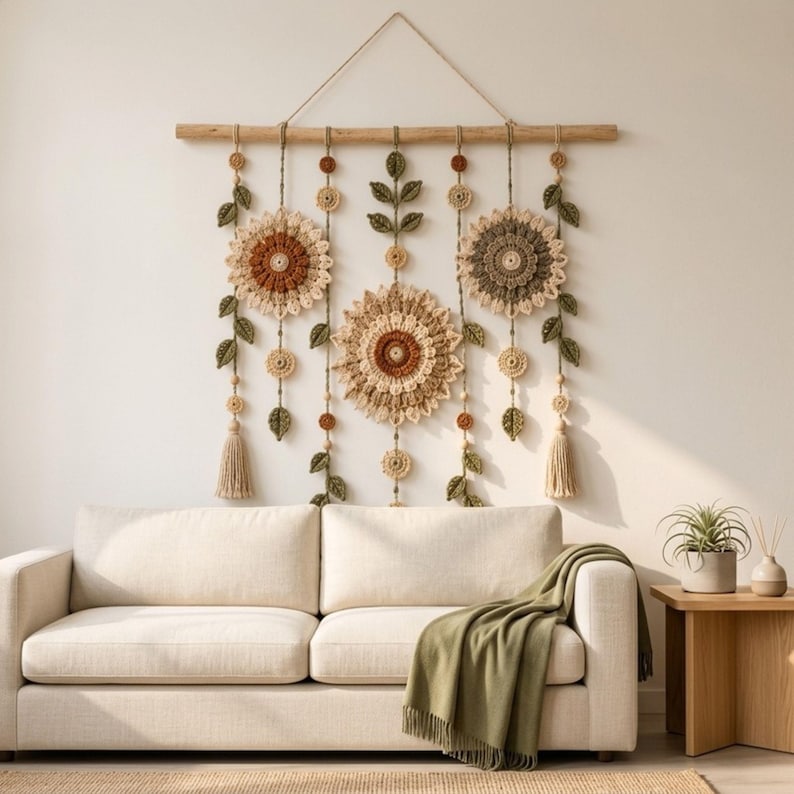 Gehäkelter Wandbehang, florales Mandala im Bohème-Stil mit Pflanzenblättern und Quasten