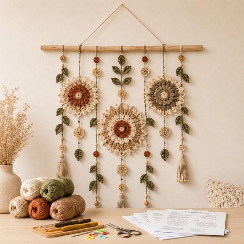 Gehäkelter Wandbehang, florales Mandala im Bohème-Stil mit Pflanzenblättern und Quasten