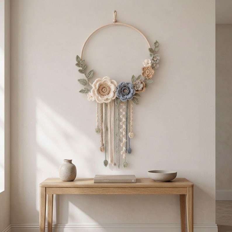 Gehäkelter Blumenkranz als Wandbehang, Wohndekoration im Boho-Landhausstil, Kranz
